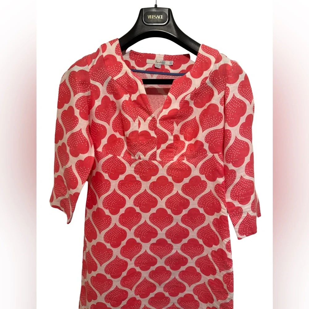 Boden EUC Size 2P Pretty Coral & White 3/4 Length Linen Mini Dress (0554) - Picture 6 of 14